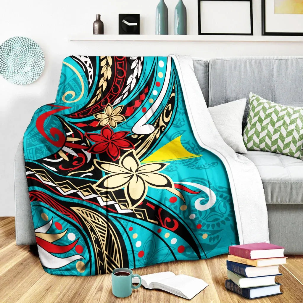 Tokelau Premium Blanket - Tribal Flower With Special Turtles Blue Color