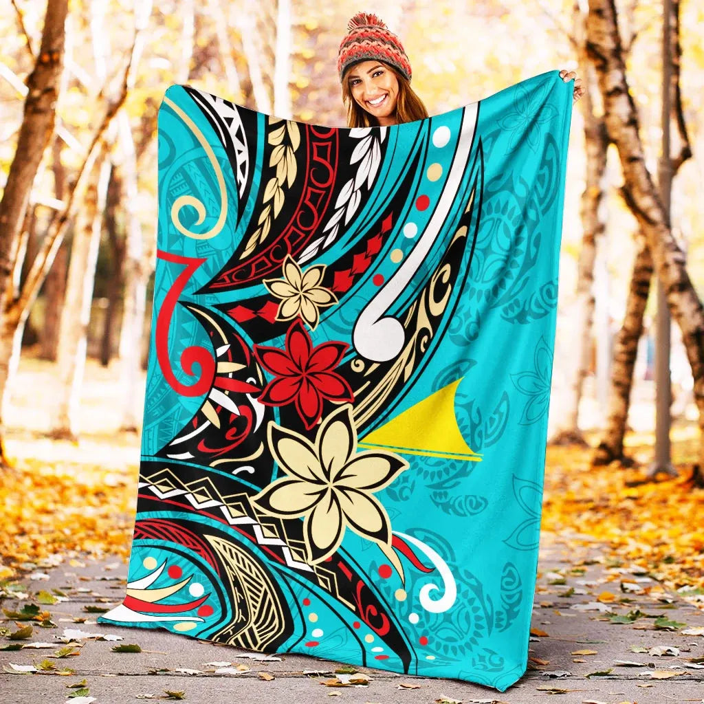 Tokelau Premium Blanket - Tribal Flower With Special Turtles Blue Color