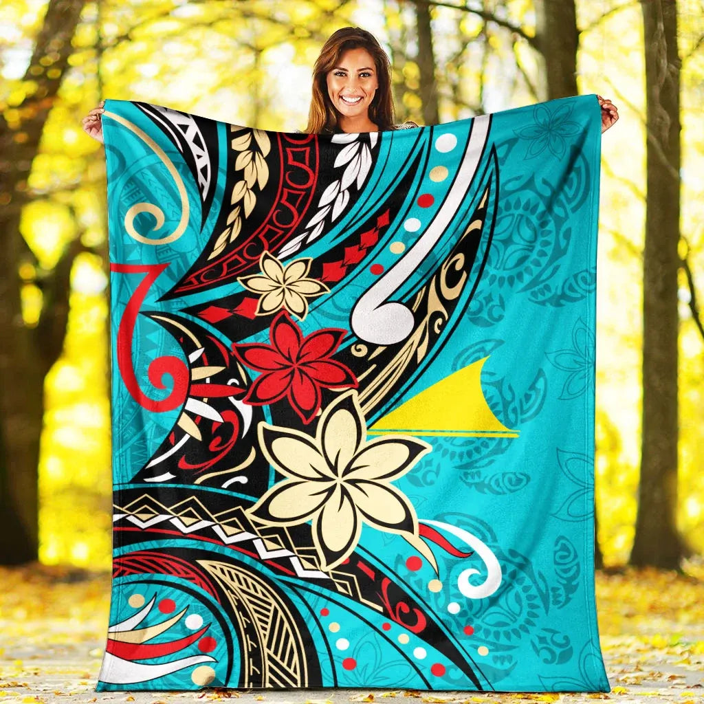 Tokelau Premium Blanket - Tribal Flower With Special Turtles Blue Color