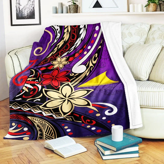 Tokelau Premium Blanket - Tribal Flower With Special Turtles Purple Color