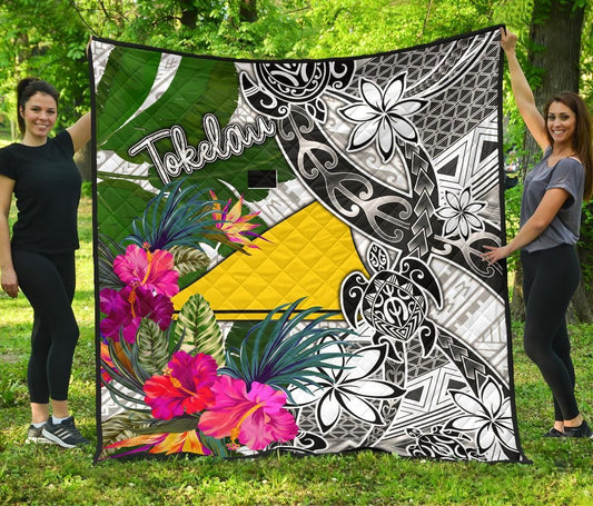 Tokelau Premium Quilt White - Turtle Plumeria Banana Leaf