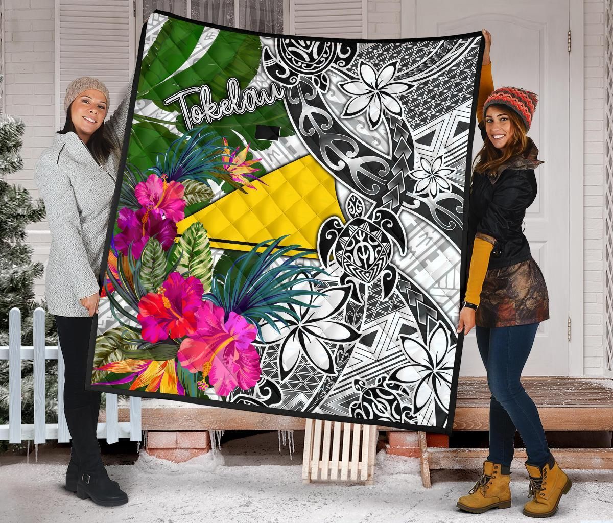 Tokelau Premium Quilt White - Turtle Plumeria Banana Leaf