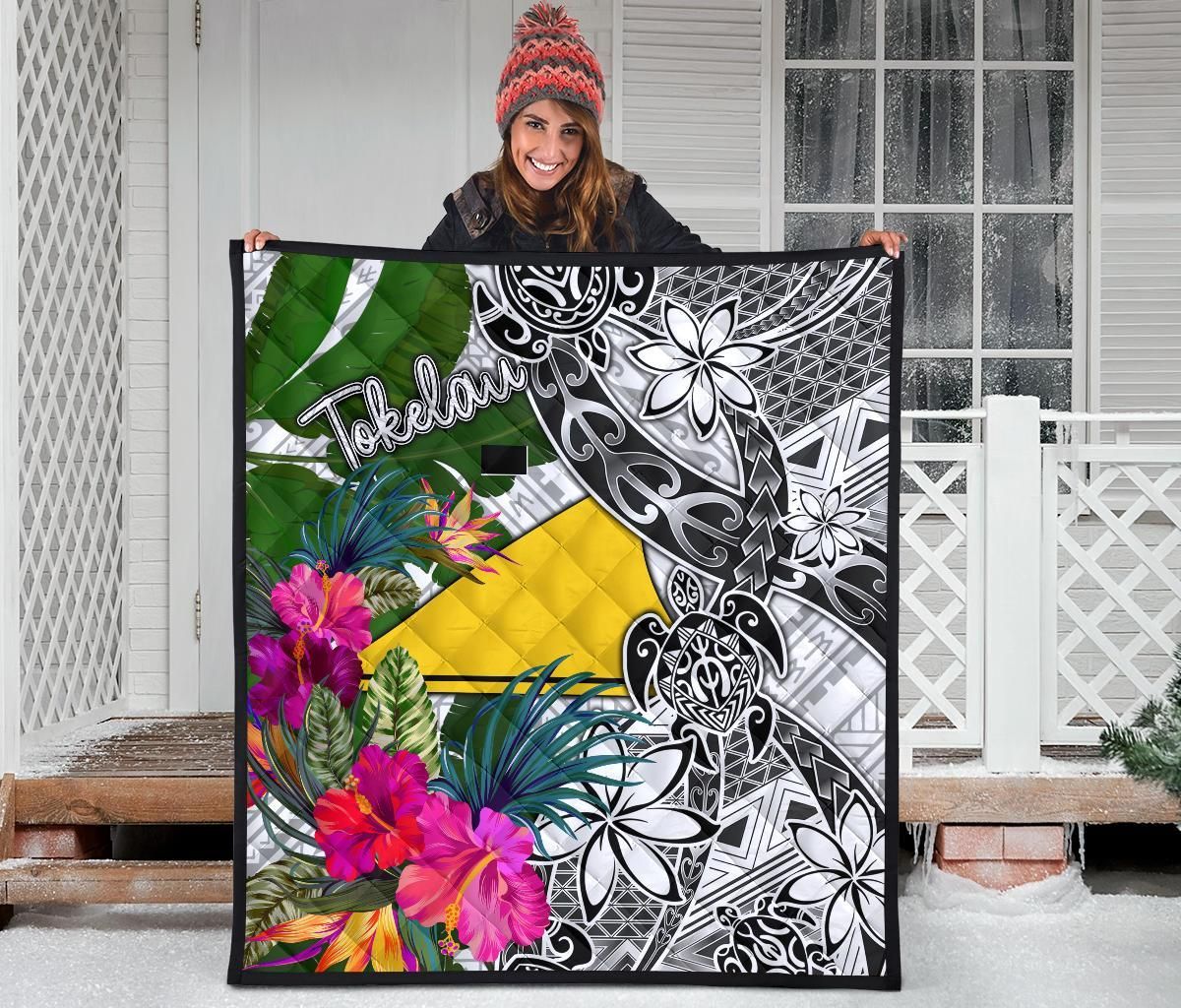 Tokelau Premium Quilt White - Turtle Plumeria Banana Leaf