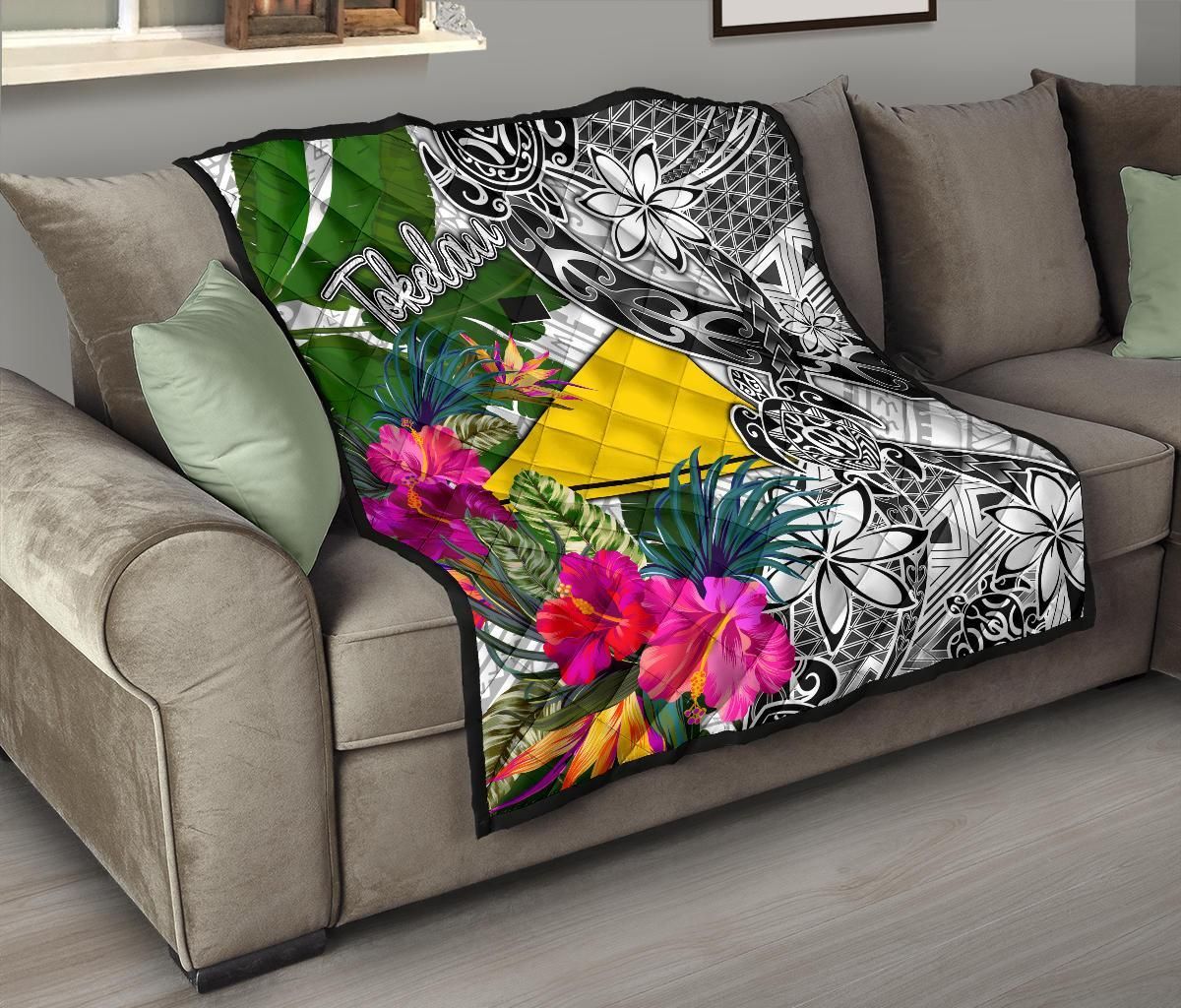 Tokelau Premium Quilt White - Turtle Plumeria Banana Leaf