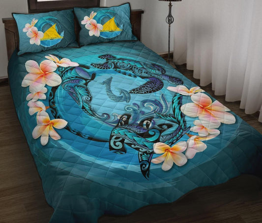 Tokelau Polynesian Quilt Bed Set - Blue Plumeria Animal Tattoo