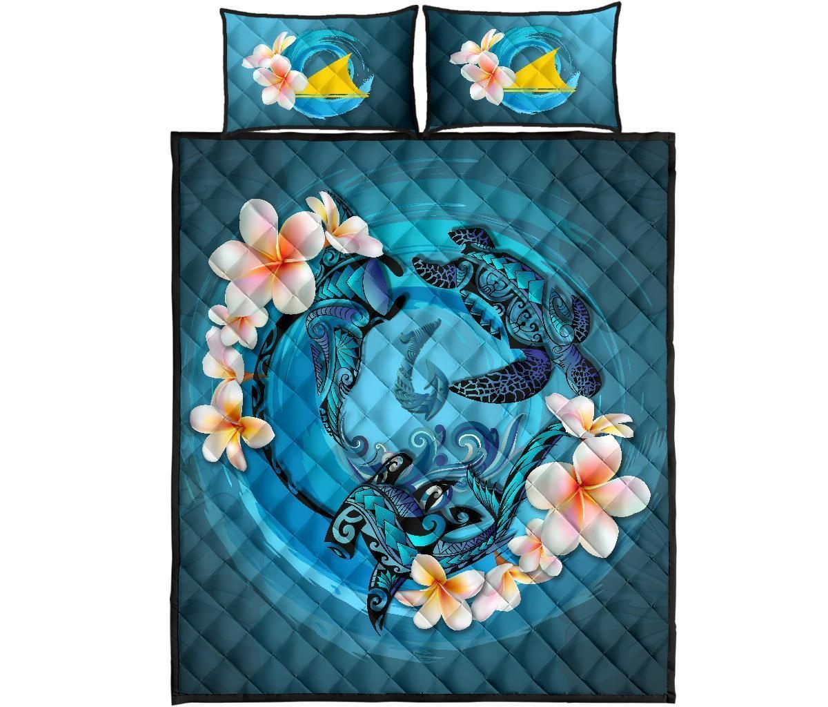 Tokelau Polynesian Quilt Bed Set - Blue Plumeria Animal Tattoo