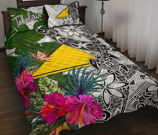 Tokelau Quilt Bed Set White - Turtle Plumeria Banana Leaf