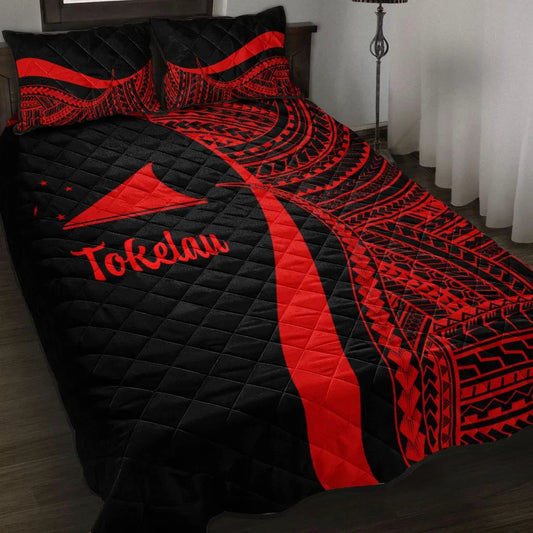 Tokelau Quilt Bed Set - Red Polynesian Tentacle Tribal Pattern