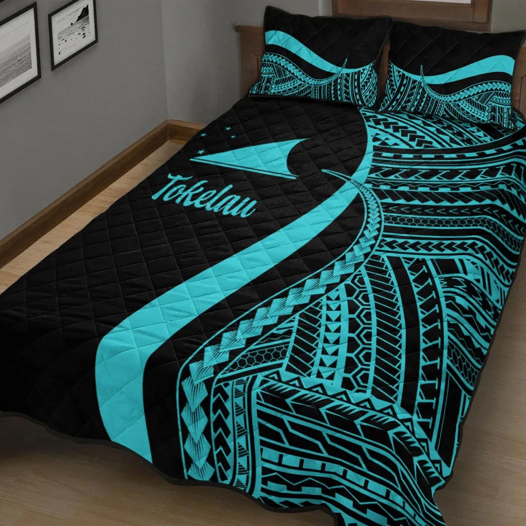 Tokelau Quilt Bed Set - Turquoise Polynesian Tentacle Tribal Pattern