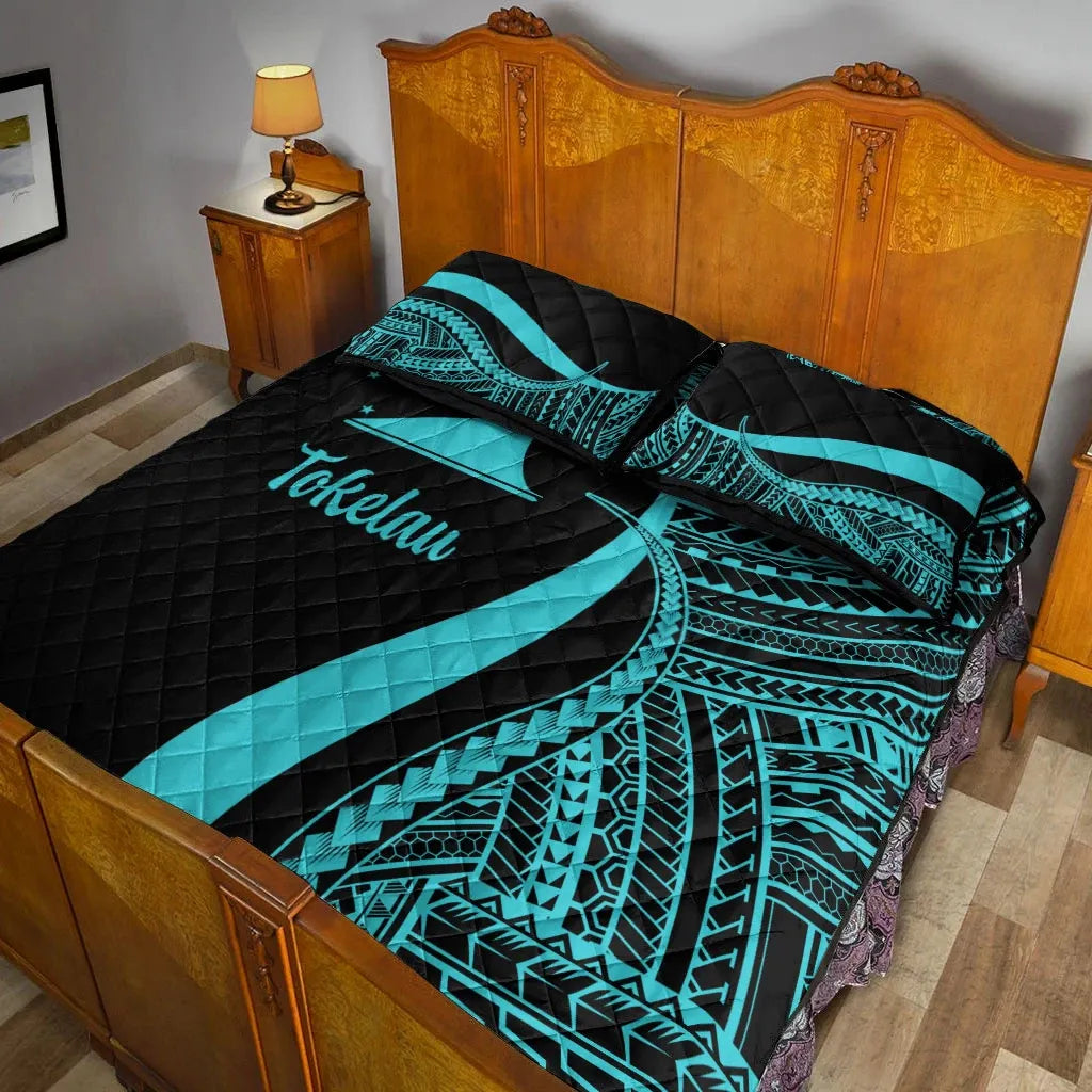 Tokelau Quilt Bed Set - Turquoise Polynesian Tentacle Tribal Pattern