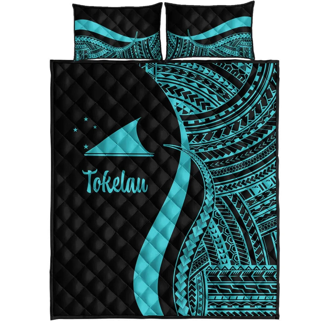 Tokelau Quilt Bed Set - Turquoise Polynesian Tentacle Tribal Pattern