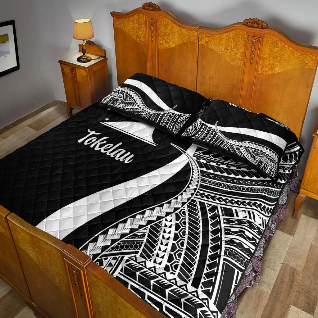 Tokelau Quilt Bed Set - White Polynesian Tentacle Tribal Pattern