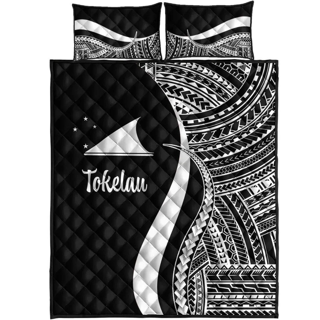 Tokelau Quilt Bed Set - White Polynesian Tentacle Tribal Pattern