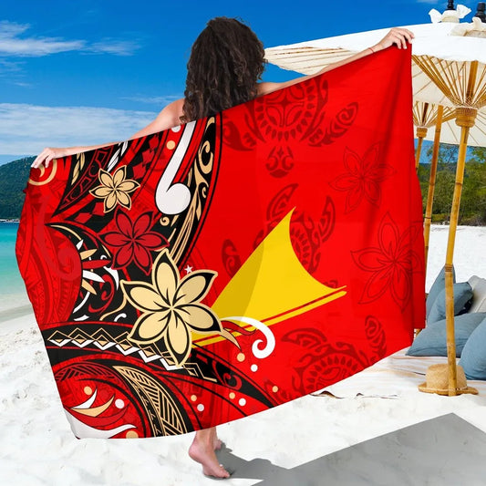 Tokelau Sarong - Tribal Flower With Special Turtles Blue Red