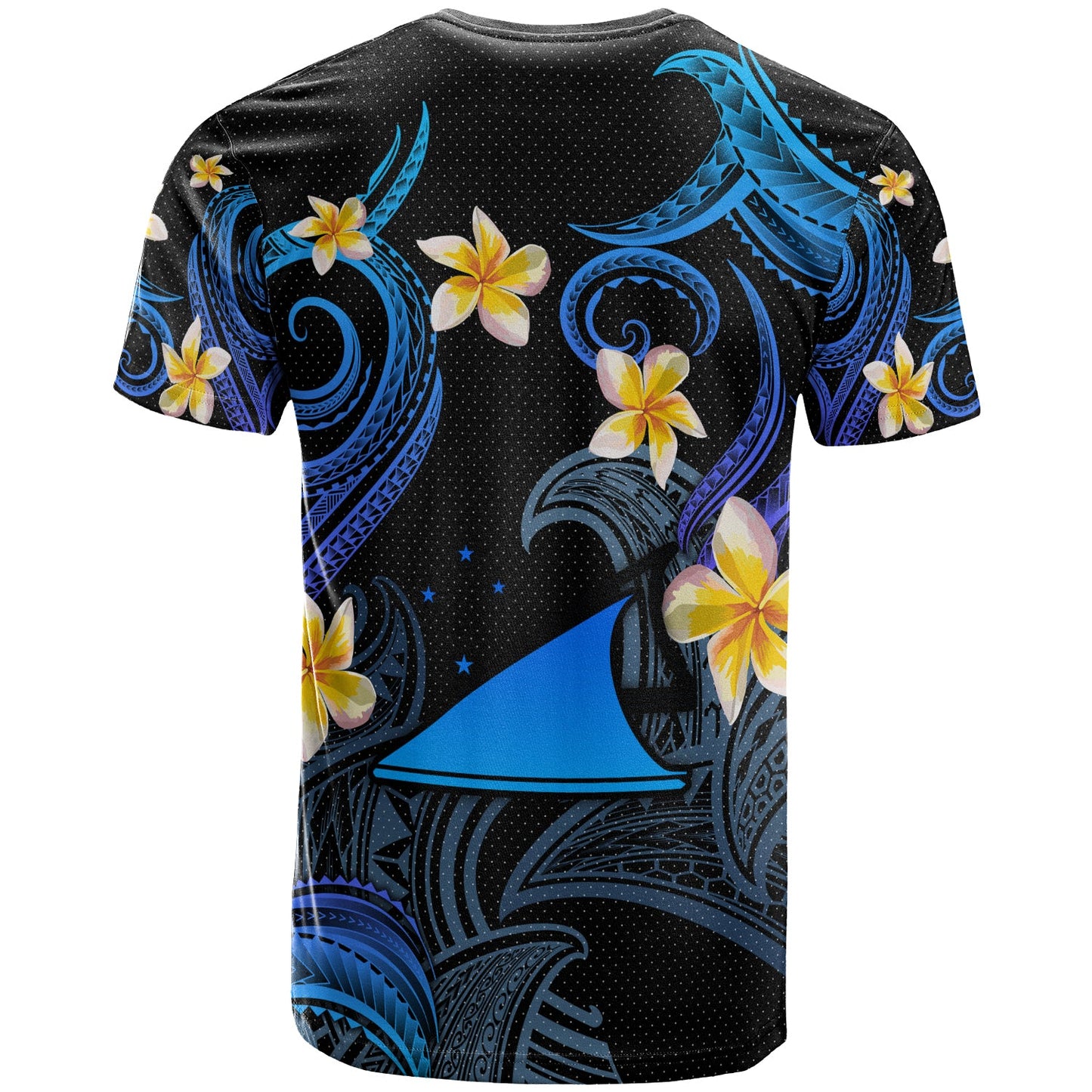 Tokelau T-shirt - Custom Personalised Polynesian Waves with Plumeria Flowers (Blue)