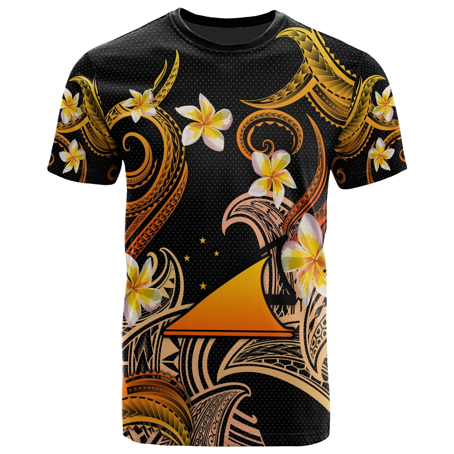 Tokelau T-shirt - Custom Personalised Polynesian Waves with Plumeria Flowers (Orange)
