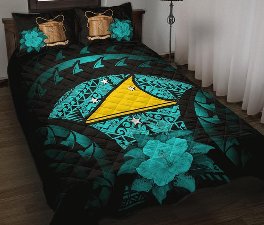 Tokelau Polynesian Quilt Bed Set Hibiscus Turquoise