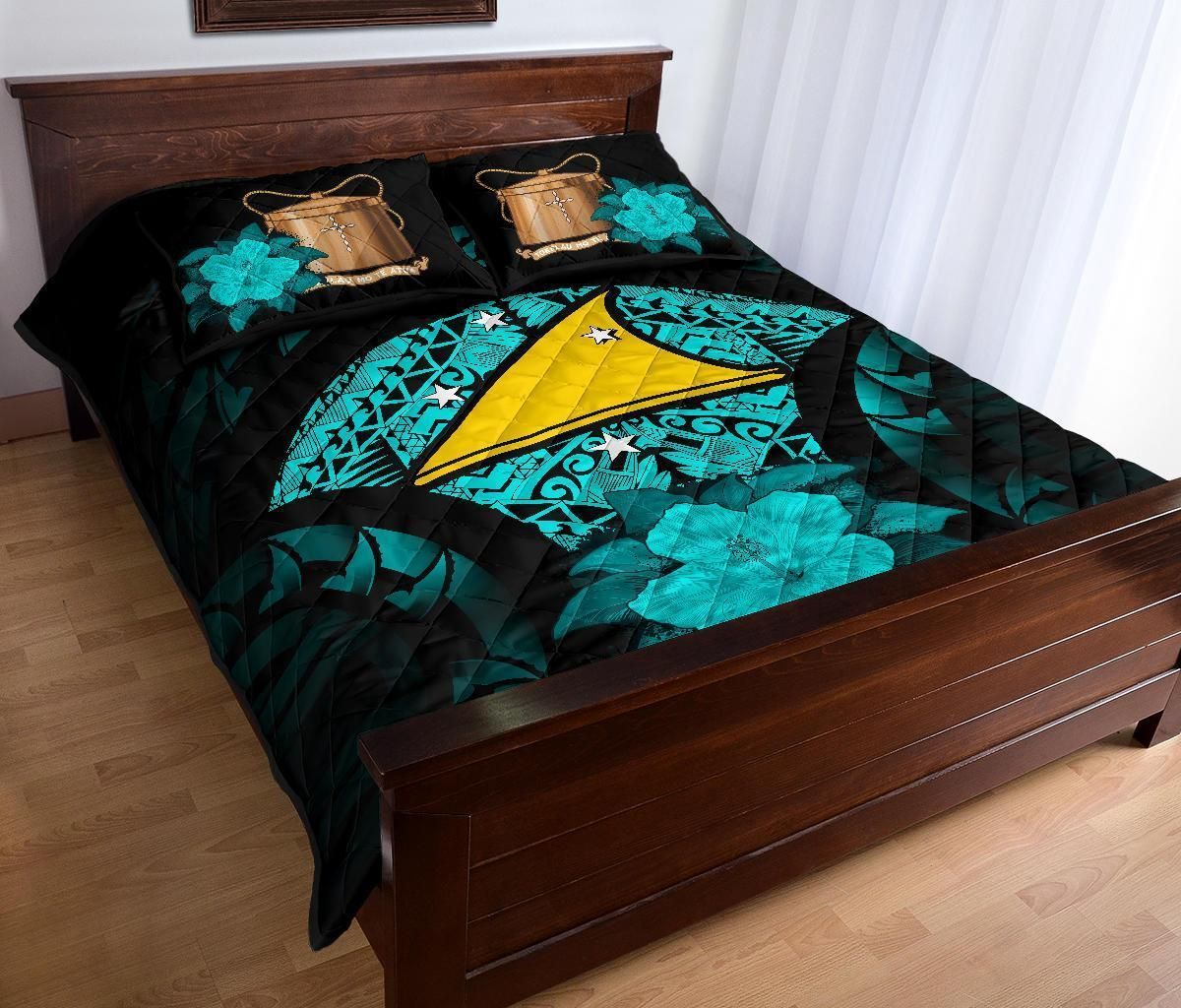 Tokelau Polynesian Quilt Bed Set Hibiscus Turquoise