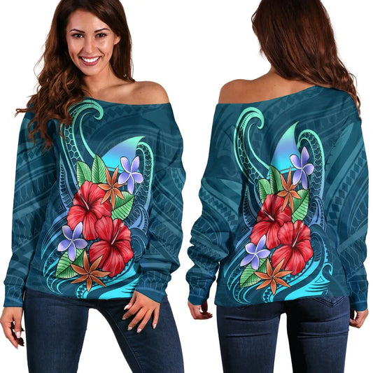 Tokelau Women Off Shoulder Sweater - Blue Pattern With Tropical Flowers