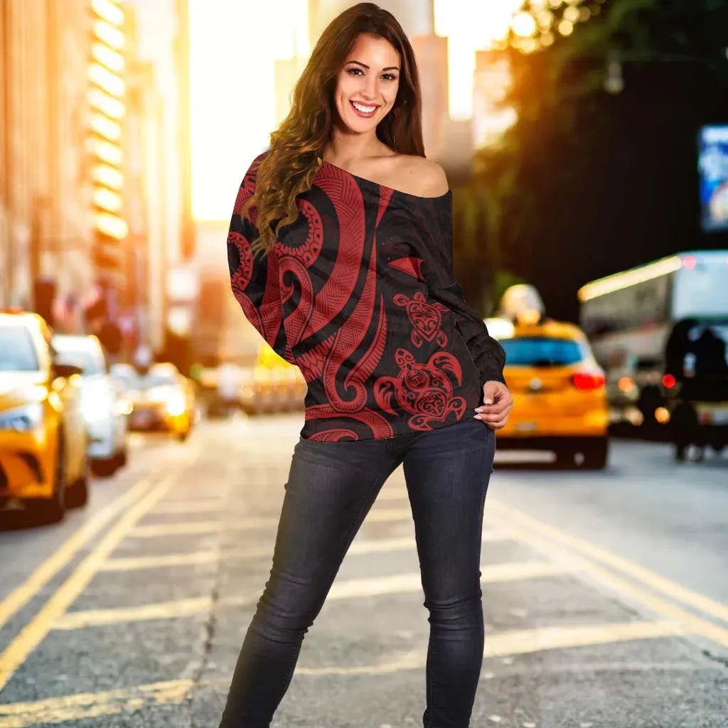 Tokelau Women Off Shoulder Sweater - Red Tentacle Turtle