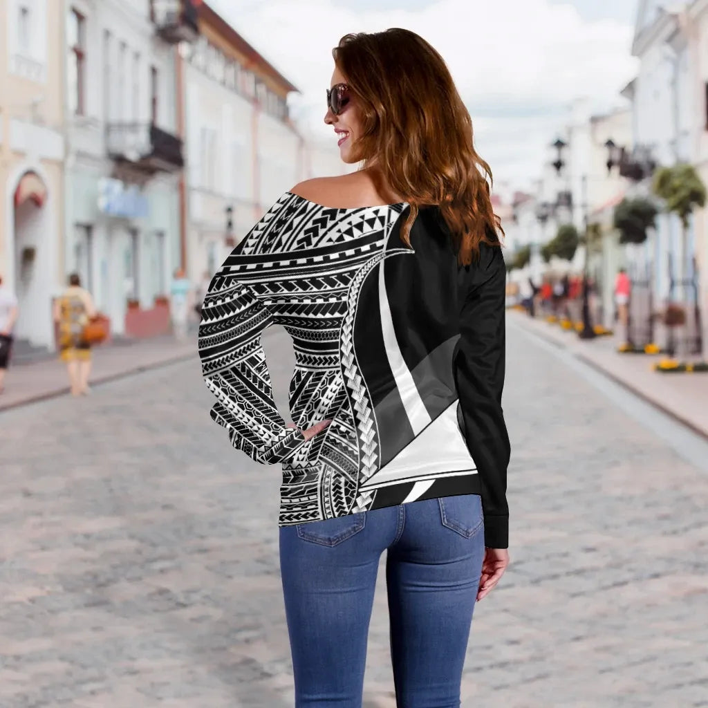 Tokelau Women Off Shoulder Sweater - White Polynesian Tentacle Tribal Pattern