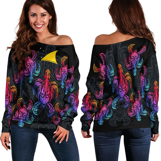 Tokelau Women Off Shoulder Sweaters - Sea Turtle In Tribal Polynesian Style