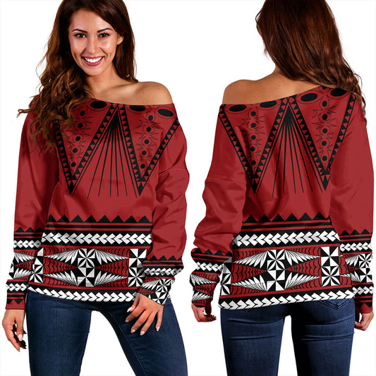 Tonga Off Shoulder Sweatshirt Polynesia Island Ngatu Pattern Style