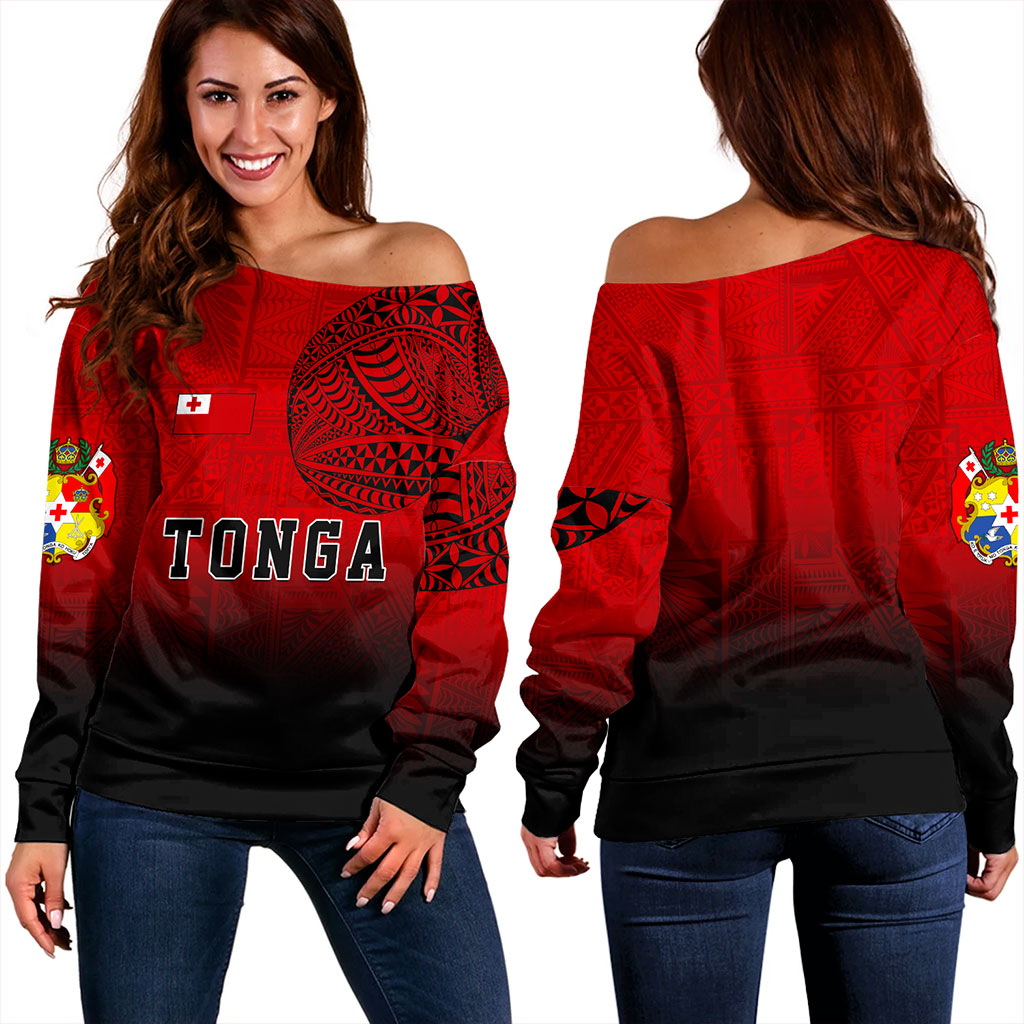 Tonga Off Shoulder Sweatshirt Tattoo Ngatu Coat Of Arms Tribal