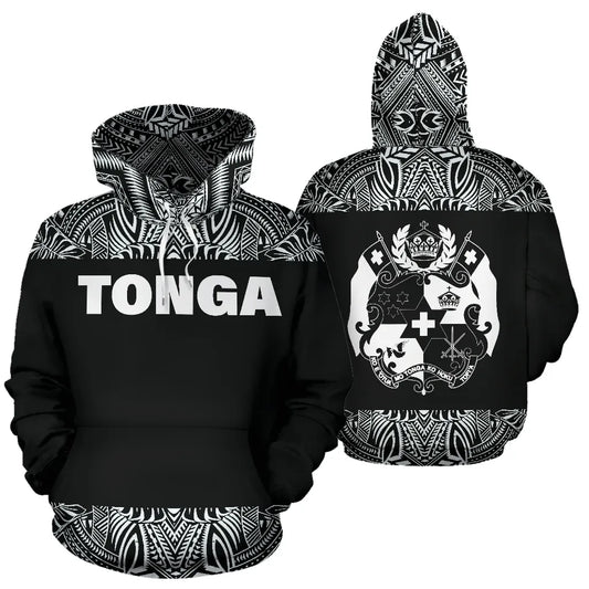 Tonga All Over Hoodie - Polynesian Black And White