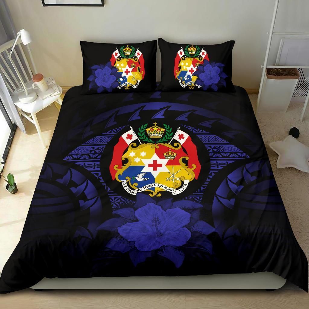 Tonga Duvet Cover Set - Tonga Coat Of Arms & Dark Blue Hibiscus