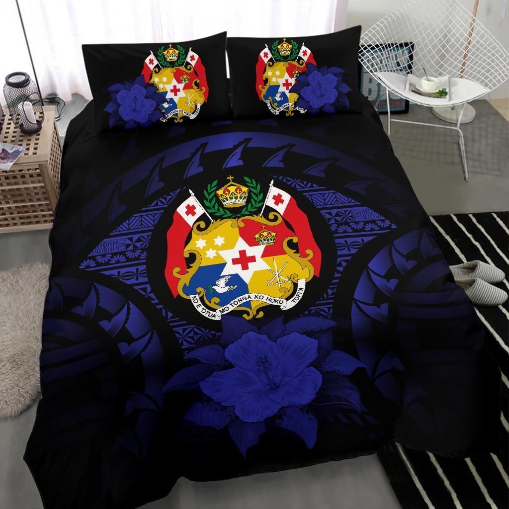 Tonga Duvet Cover Set - Tonga Coat Of Arms & Dark Blue Hibiscus