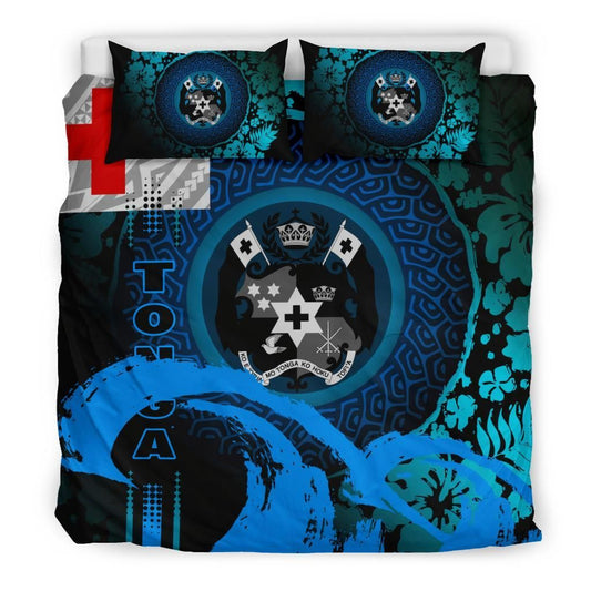 Tonga Duvet Cover Set - Hibiscus And Wave Light Blue