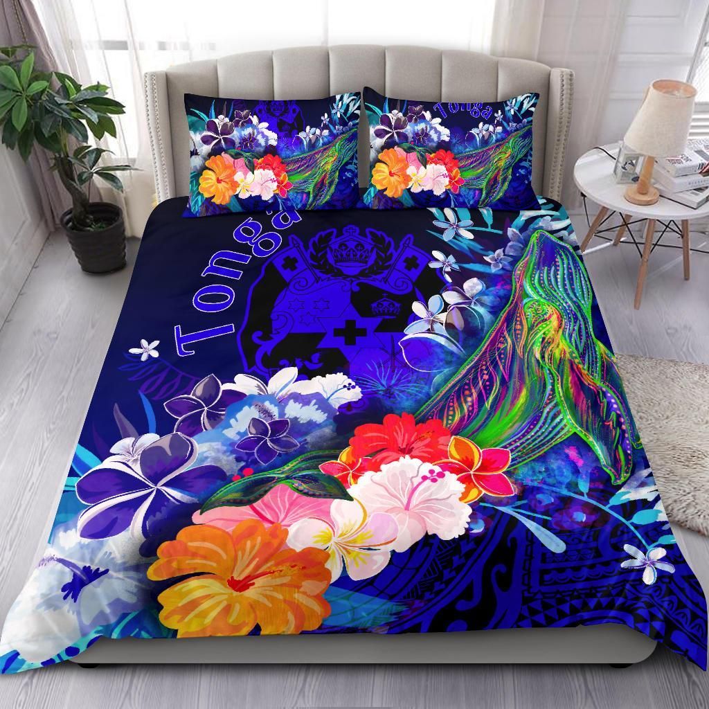 Tonga Bedding Set - Humpback Whale With Tropical Flowers (Blue)