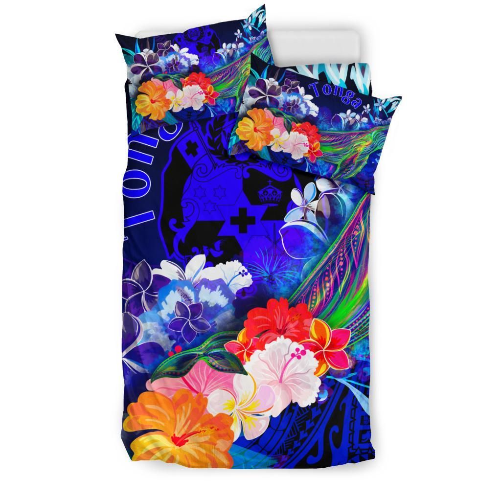 Tonga Bedding Set - Humpback Whale With Tropical Flowers (Blue)