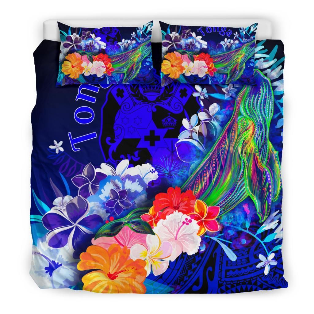 Tonga Bedding Set - Humpback Whale With Tropical Flowers (Blue)