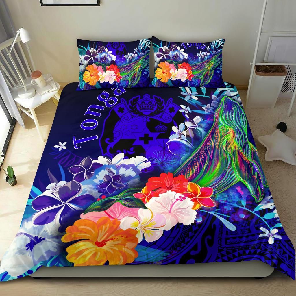 Tonga Bedding Set - Humpback Whale With Tropical Flowers (Blue)