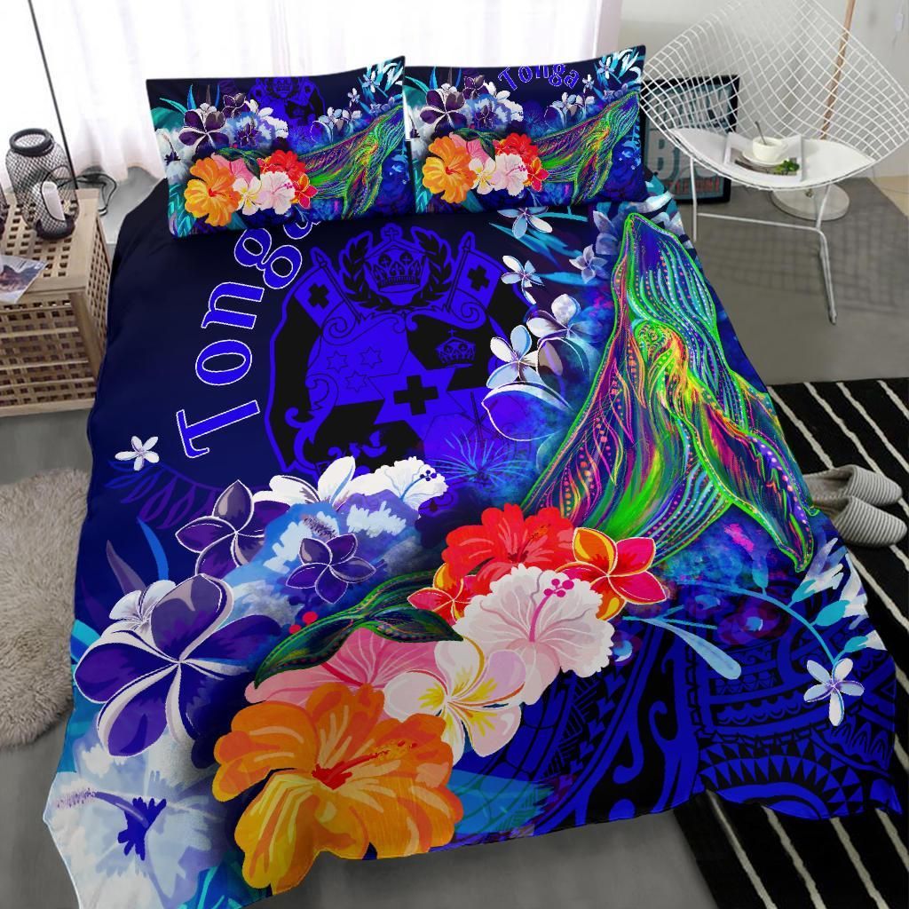 Tonga Bedding Set - Humpback Whale With Tropical Flowers (Blue)