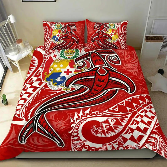 Tonga Bedding Set - Red Shark Polynesian Tattoo