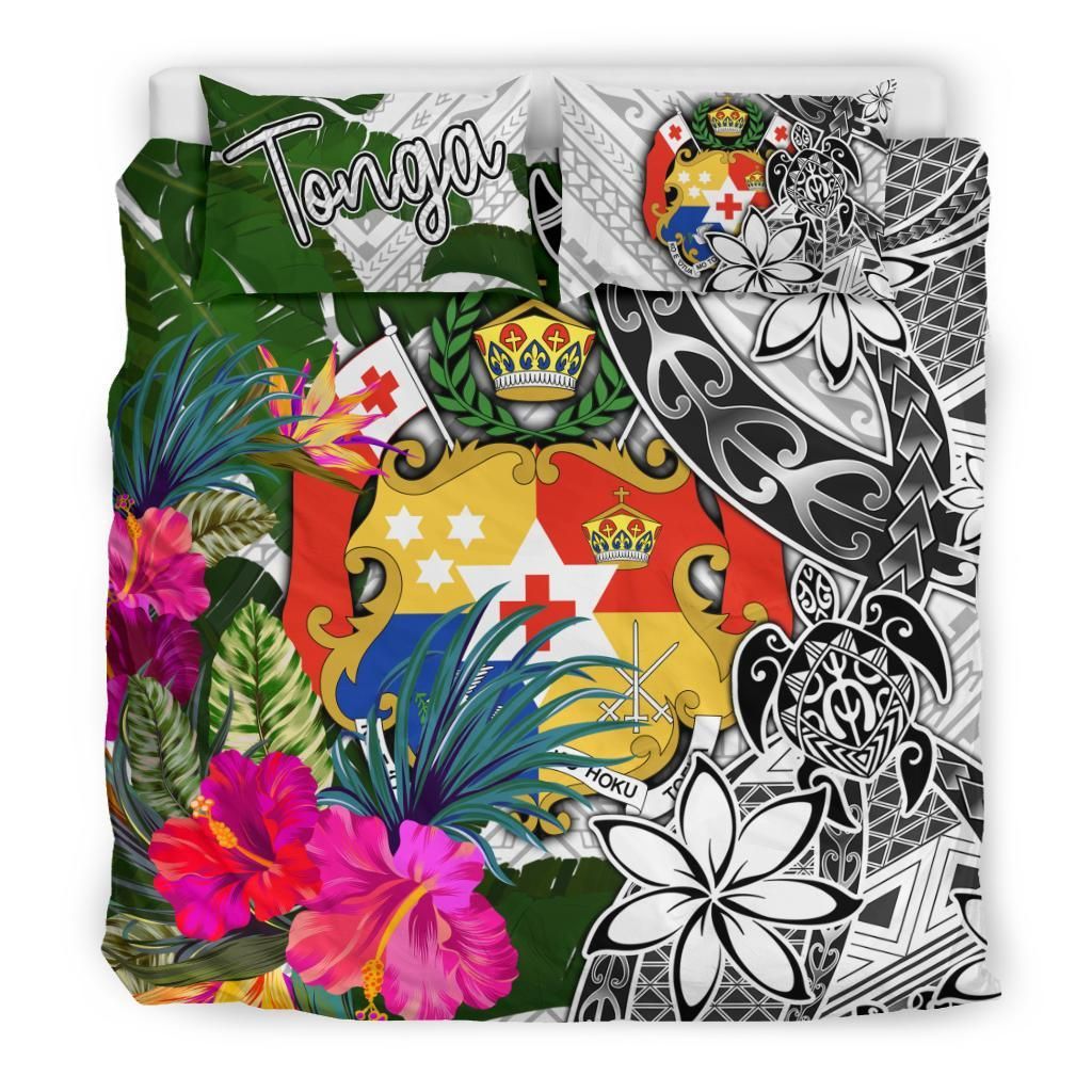 Tonga Bedding Set White - Turtle Plumeria Banana Leaf