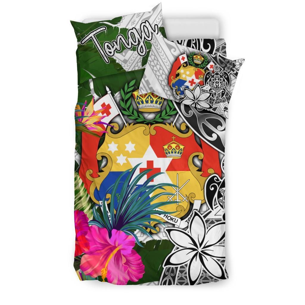 Tonga Bedding Set White - Turtle Plumeria Banana Leaf