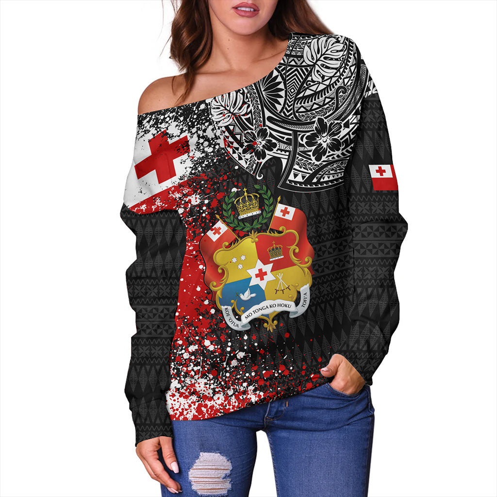 Tonga Off Shoulder Sweatshirt Flag Brush Paint Style