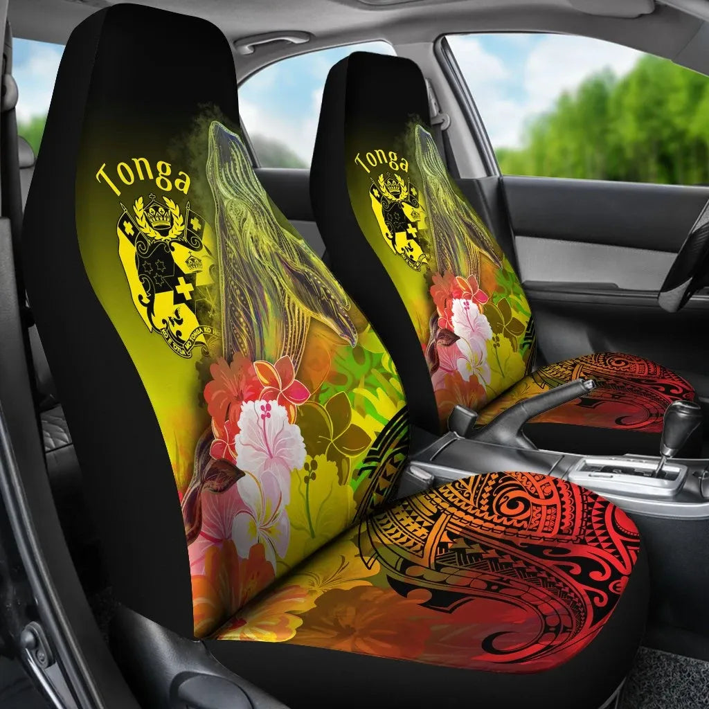 Tonga Car Seat Covers - Humpback Whale with Tropical Flowers (Yellow)