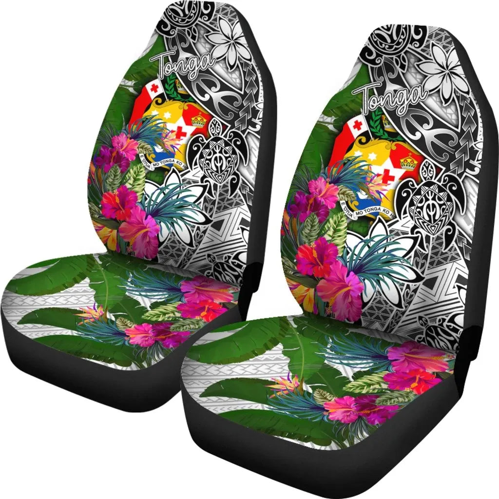 Tonga Car Seat Covers White - Turtle Plumeria Banana Leaf