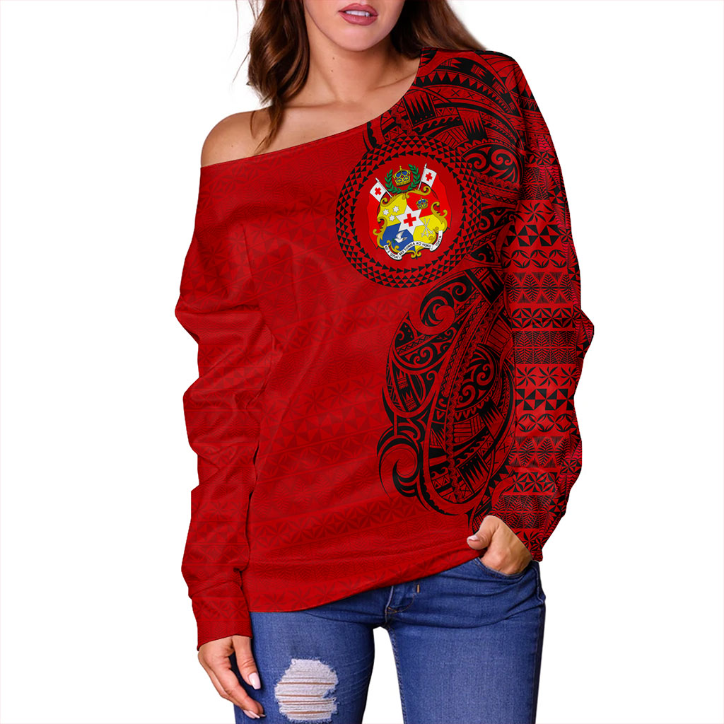 Tonga Off Shoulder Sweatshirt Coat Of Arms Tribal Polynesian