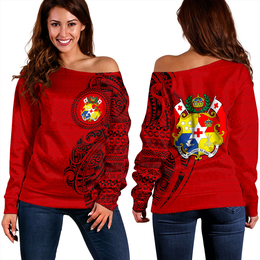 Tonga Off Shoulder Sweatshirt Coat Of Arms Tribal Polynesian
