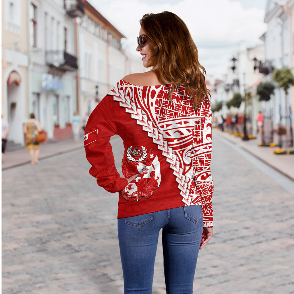 Tonga Off Shoulder Sweatshirt Lauhala Tribal Coat Of Arms