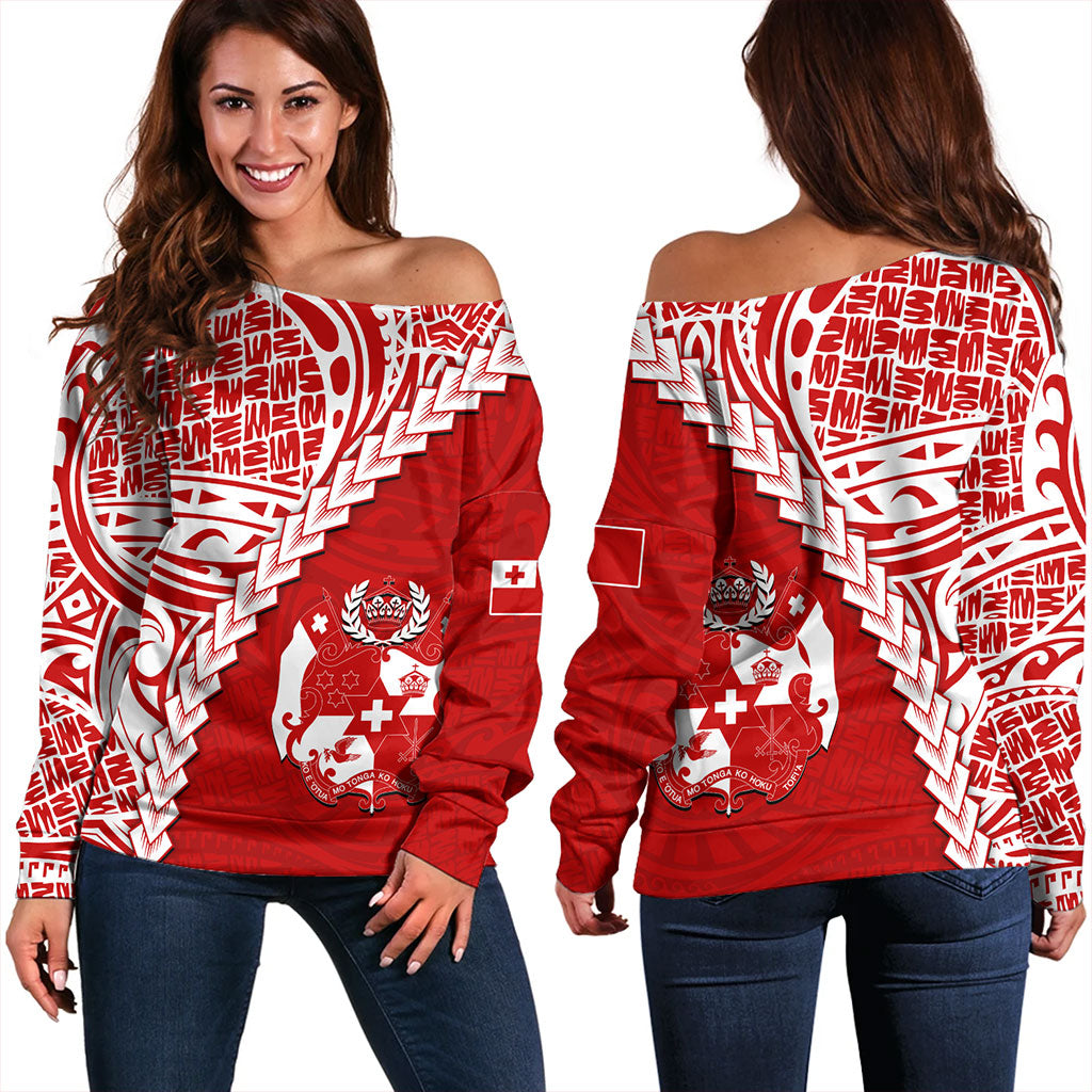 Tonga Off Shoulder Sweatshirt Lauhala Tribal Coat Of Arms