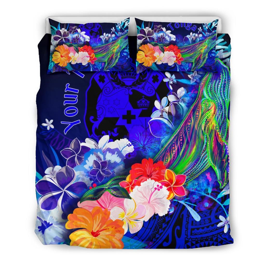 Tonga Custom Personalised Bedding Set - Humpback Whale With Tropical Flowers (Blue)