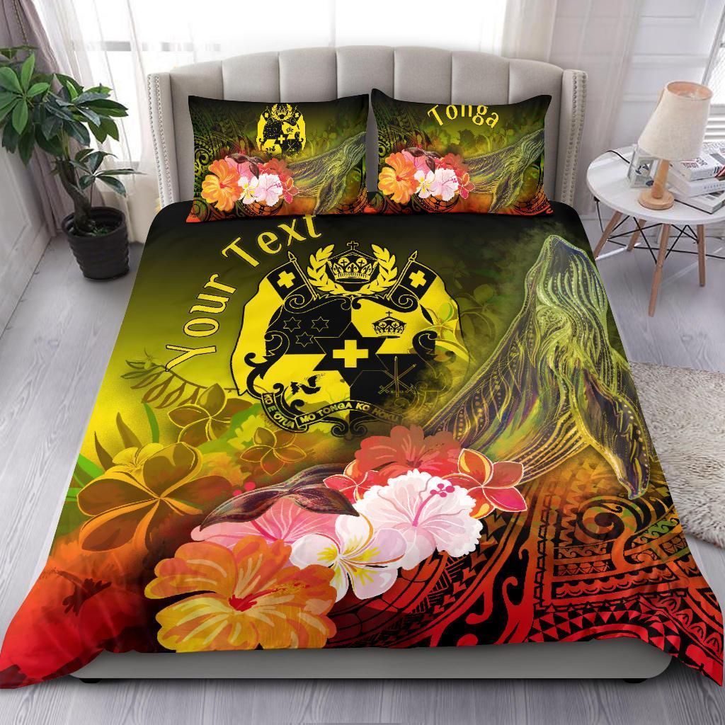 Tonga Custom Personalised Bedding Set - Humpback Whale With Tropical Flowers (Yellow)