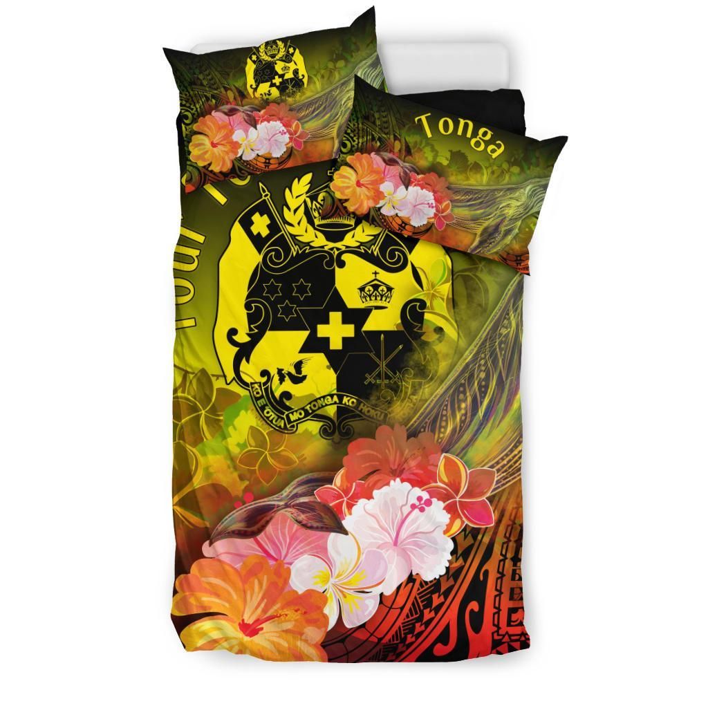 Tonga Custom Personalised Bedding Set - Humpback Whale With Tropical Flowers (Yellow)